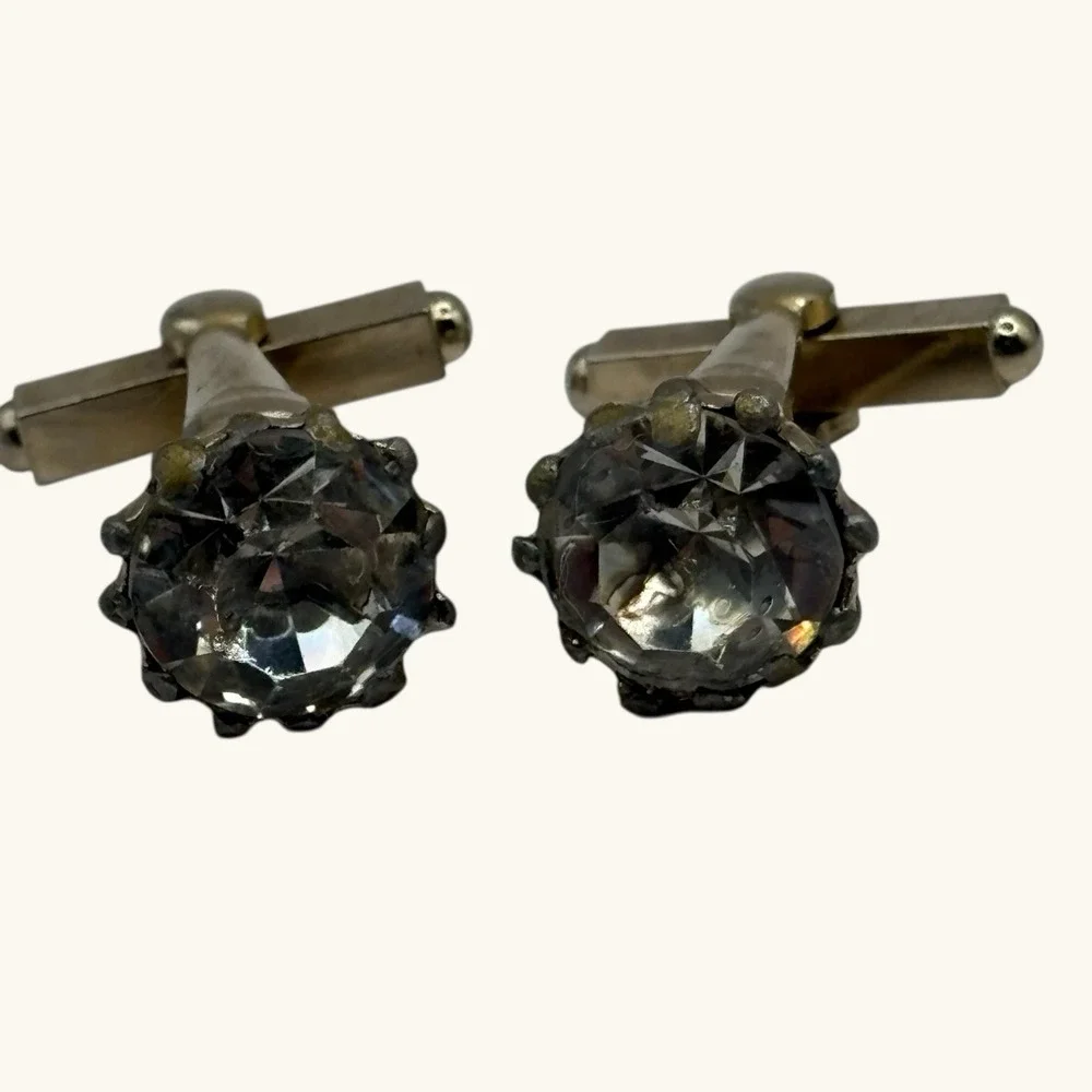 Vintage Cufflinks Large Faceted Crystal Prong Set Gold Tone Formal Suit READ‎